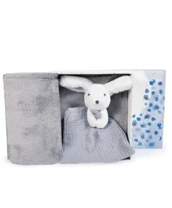 Doudou et Compagnie Coffret cadeau naissance plaid et Doudou Lapin Happy Glossy - 70 x 100 cm> Doudou Mouchoir|Petit Format