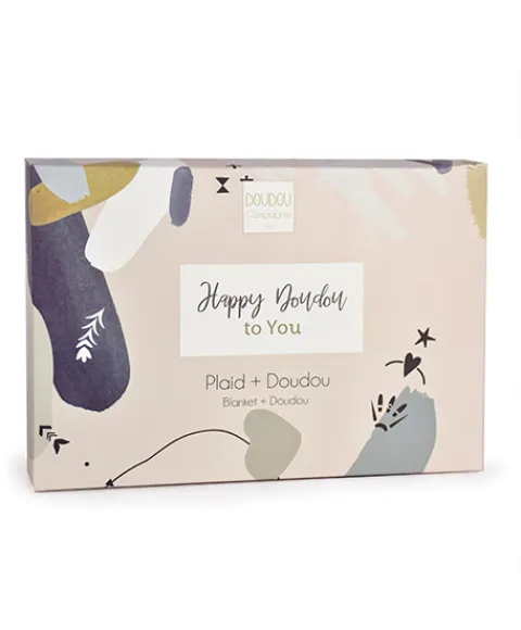 Doudou et Compagnie Coffret cadeau naissance plaid et Doudou Lapin Happy Wild - 70 x 100 cm> Doudou Mouchoir|Petit Format
