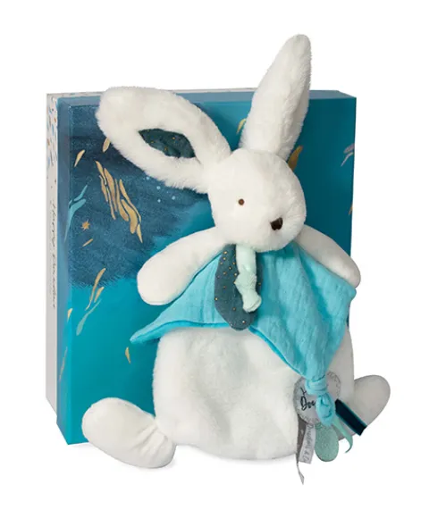 Doudou et Compagnie Coffret Doudou plat Lapin bleu - Happy Pop - 25 cm> Doudou Plat