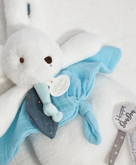 Doudou et Compagnie Coffret Doudou plat Lapin bleu - Happy Pop - 25 cm> Doudou Plat