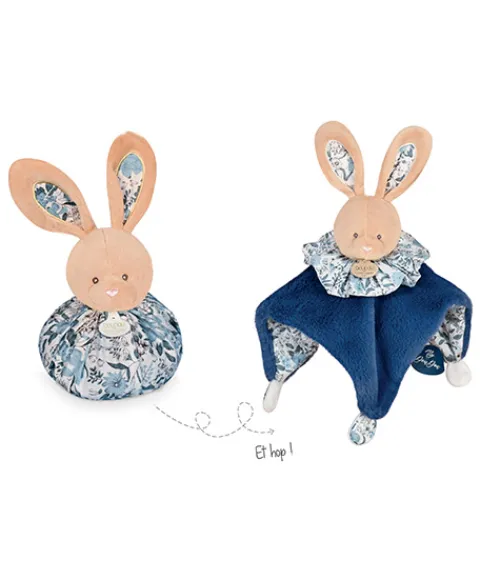 Doudou et Compagnie Doudou Lapin bleu - Cocon - Balle d'éveil - 3 EN 1> Doudou Plat|Balles Sensorielles