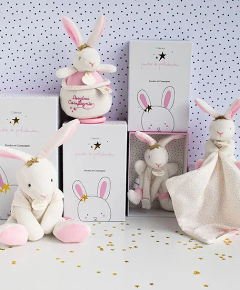 Doudou et Compagnie Doudou lapin mouchoir rose lapin étoile - 10 cm> Doudou Mouchoir|Petit Format