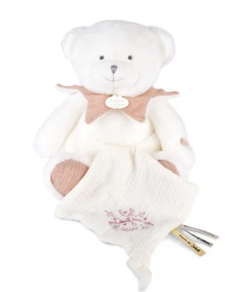 Doudou et Compagnie Doudou mouchoir ours Rose - 30 cm - Collection Anniversaire> Doudou Mouchoir|Peluches