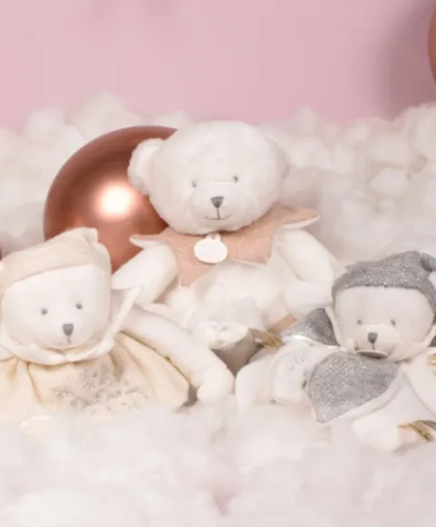 Doudou et Compagnie Doudou mouchoir ours Rose - 30 cm - Collection Anniversaire> Doudou Mouchoir|Peluches