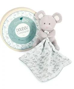 Doudou et Compagnie Doudou mouchoir Souris grise - vert en coton BIO - 15 cm> Doudou Mouchoir|Petit Format