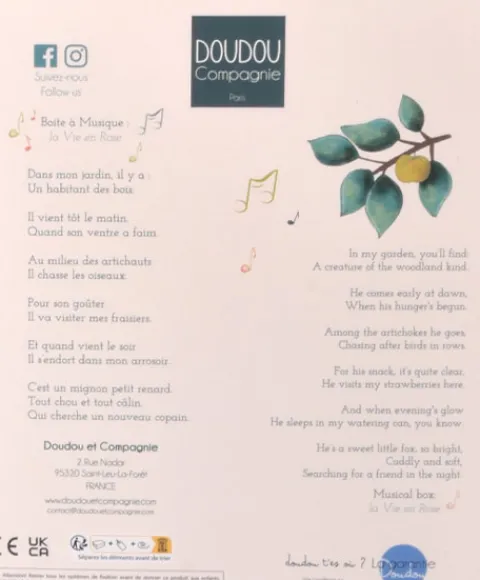 Doudou et Compagnie Doudou plat hochet billes - Renard Romarin - 21 cm> Doudou Plat|Hochets Et Pantins D'Activités