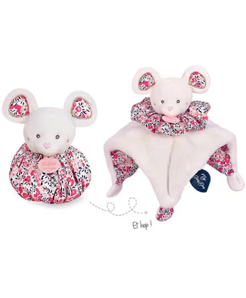 Doudou et Compagnie Doudou Souris blanche - Cocon - Balle d'éveil - 3 EN 1> Doudou Plat|Balles Sensorielles