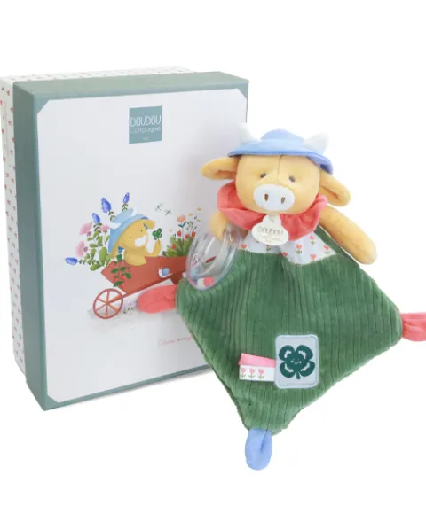 Doudou et Compagnie Doudou vache avec hochet billes - Aneth -21 cm> Doudou Plat|Hochets Et Pantins D'Activités