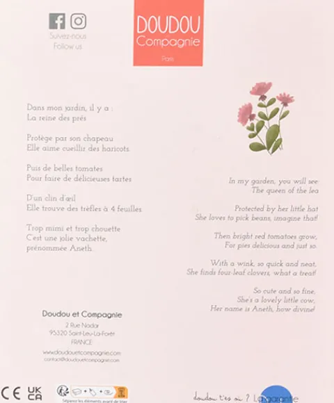 Doudou et Compagnie Doudou vache avec hochet billes - Aneth -21 cm> Doudou Plat|Hochets Et Pantins D'Activités