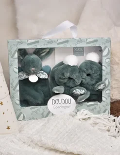 Doudou et Compagnie Lapin Doudou - Coffret cadeau Chaussons et Doudou Vert Sauge 15 cm> Petit Format|Doudou Plat