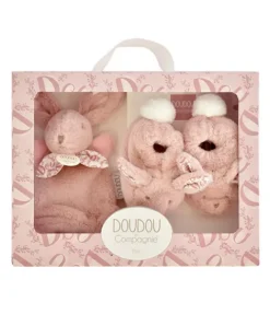 Doudou et Compagnie Lapin Doudou - Coffret cadeau Chaussons et Doudou Rose 15 cm><noscript><img width=