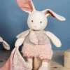 Doudou et Compagnie Lapin peluche écrue avec mouchoir rose en coton BIO - 22 cm> Doudou Mouchoir|Doudous En Coton Bio