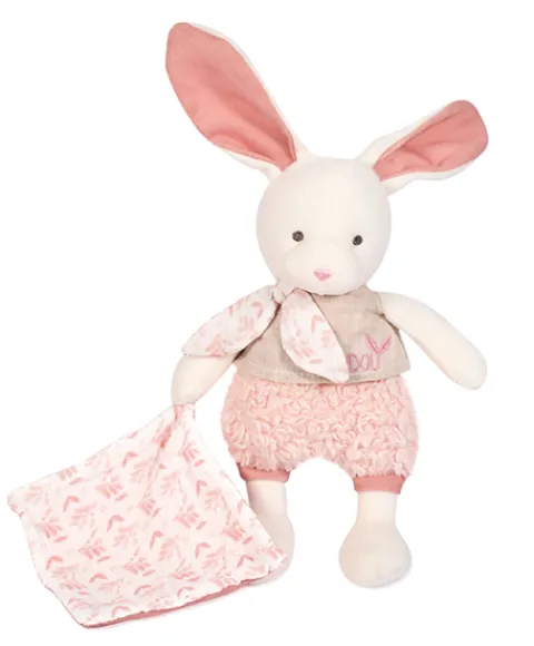 Doudou et Compagnie Lapin peluche écrue avec mouchoir rose en coton BIO - 22 cm> Doudou Mouchoir|Doudous En Coton Bio