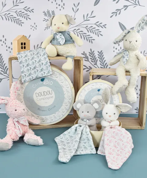 Doudou et Compagnie Lapin peluche rose en coton Bio 25 cm> Doudous En Coton Bio|Peluches