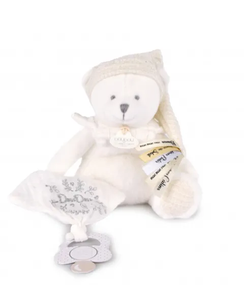 Doudou et Compagnie Ours en peluche Blanc attache-sucette - 20 cm - Collection Anniversaire> Doudou Attache-Sucette|Peluche Avec Doudou