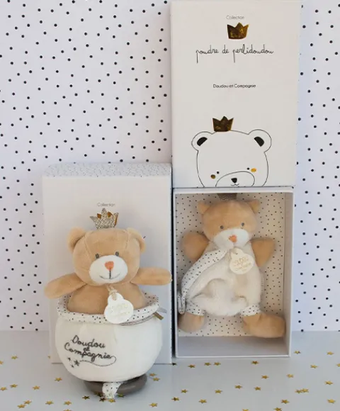 Doudou et Compagnie Peluche musicale ours Petit Roi marron - 14 cm> Boîte À Musique