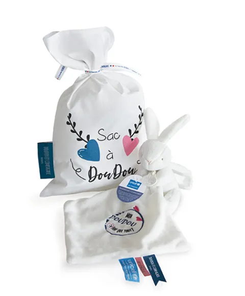 Doudou et Compagnie Sac à doudou + Doudou lapin "Mon Doudou + fort que tout " 10 cm - Unicef> Sac À Doudou|Petit Format