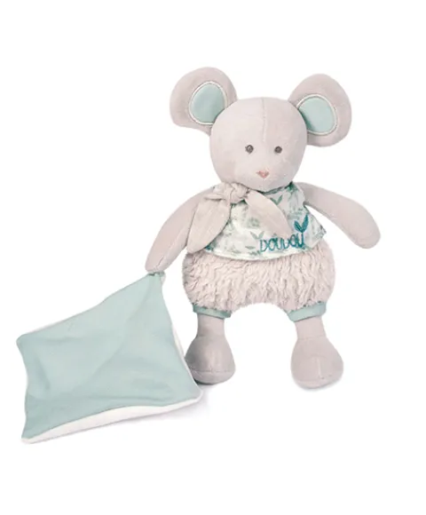 Doudou et Compagnie Souris en peluche grise avec mouchoir vert en coton BIO - 22 cm> Doudou Mouchoir|Doudous En Coton Bio
